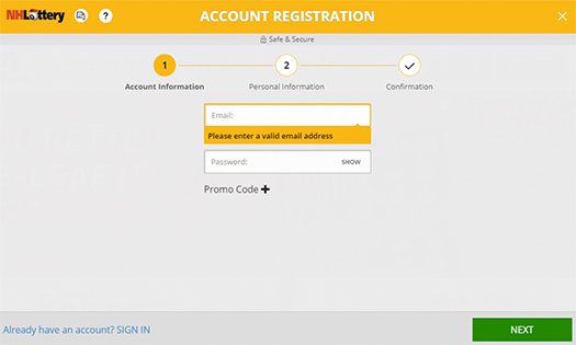 account registration screen: step one