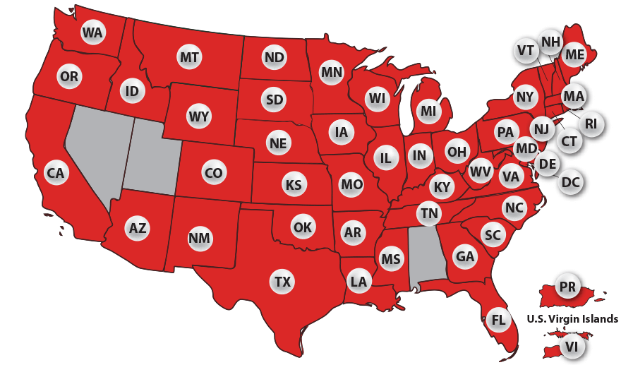 Map showing the states where Powerball is played