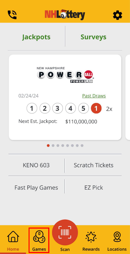 Image showing the full home screen for the NH Lottery Mobile app. The games link at the bottom left of the page is highlighted.