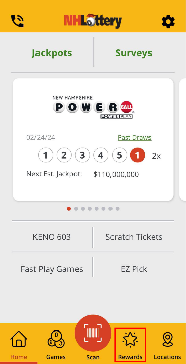 Image showing the full home screen for the NH Lottery Mobile app. The rewards link at the bottom right of the page is highlighted.