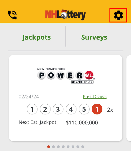 Image showing the top half of the NH Lottery mobile app home screen.