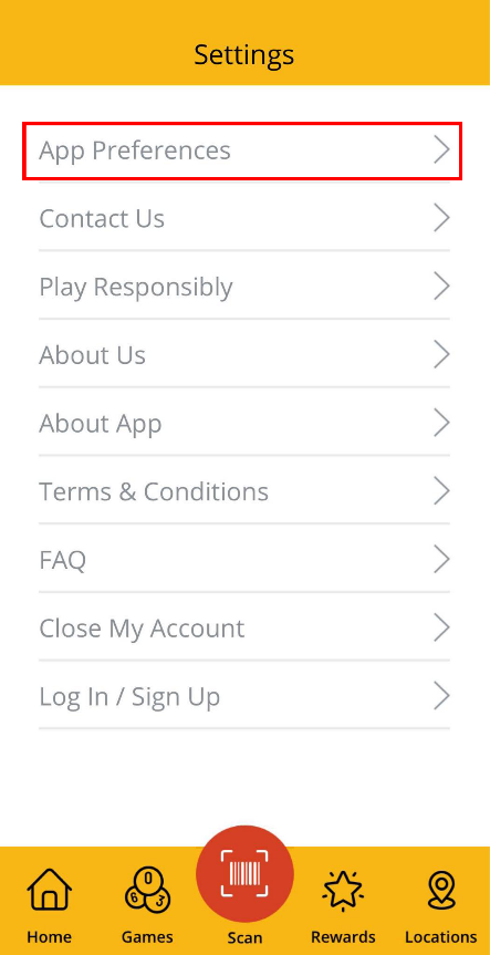 Image showing the settings page for the NH Lottery mobile app. The app preferences link is highlighted.