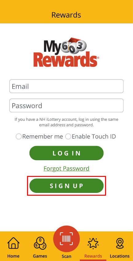 Image showing the MY 603 Rewards sign up form from the NH Lottery mobile app.